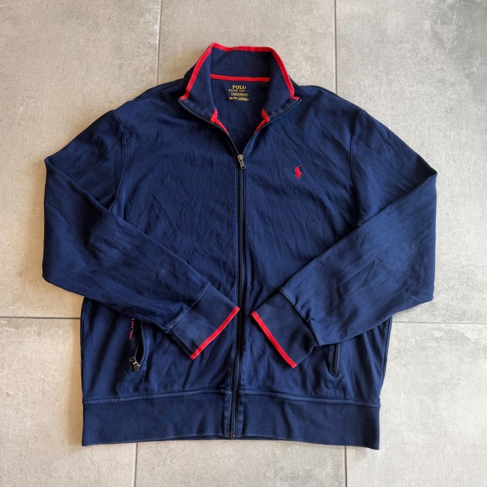 Polo Ralph Lauren Performance Mens XL Navy Blue Red Full Zip Track Jacket - Picture 2 of 11